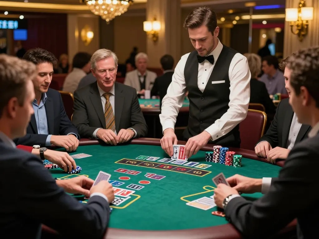 Experience the excitement of gk88 blackjack gameplay with players making strategic bets at an elegant casino table.