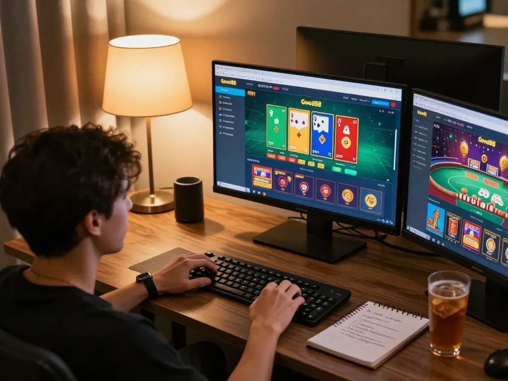 Player engaging with Good88's online casino setup, showcasing poker and slot interfaces in a cozy environment.