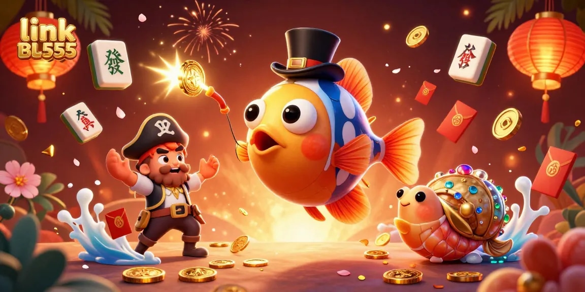 Experience thrilling wins with link BL555 in this dynamic 3D casino scene featuring exciting game elements and unique characters.