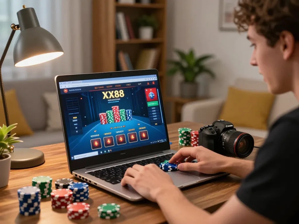 Engaging gameplay at the XX88 online casino, showcasing focused player and colorful poker chips.