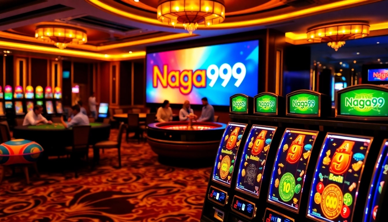 Naga99 showcases players engaged at a roulette table and vibrant slot machines in an exciting casino atmosphere.