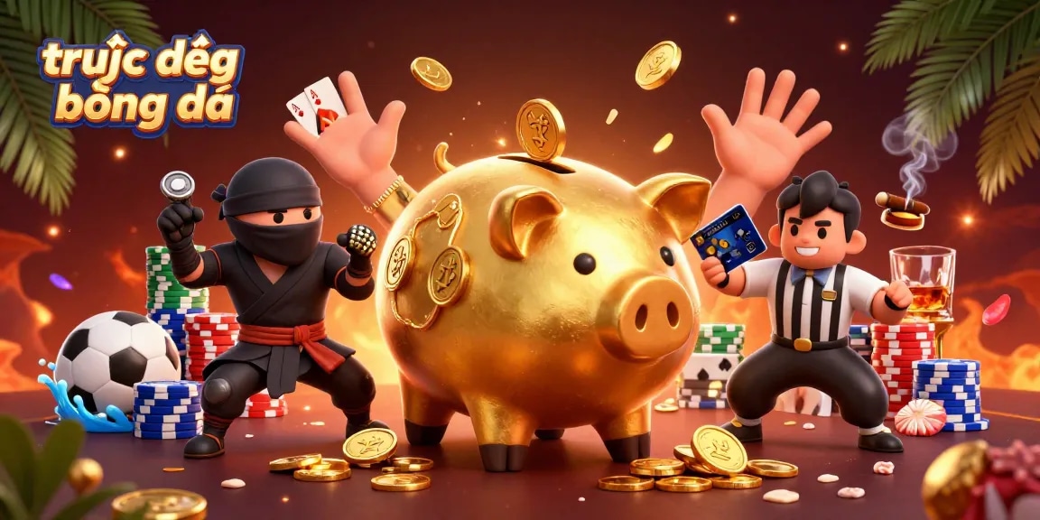Experience exciting trực tiếp bóng đá action with a golden piggy bank wrestler dominating the scene amidst vibrant casino visuals.