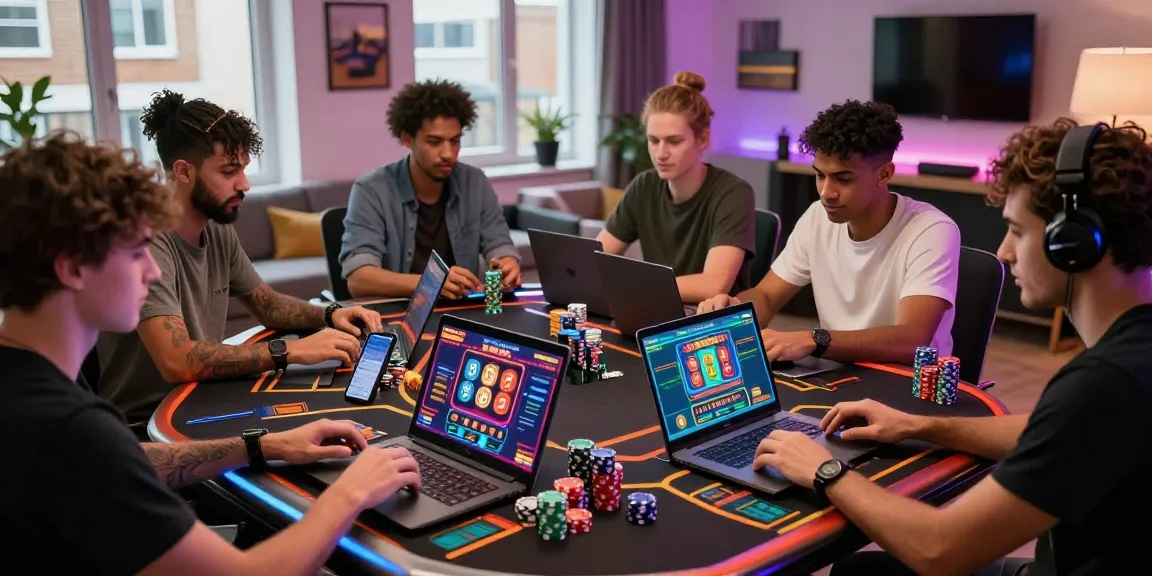 Players enjoying vibrant gaming atmosphere at credit card casinos on https://euf.co.uk with laptops and mobiles.