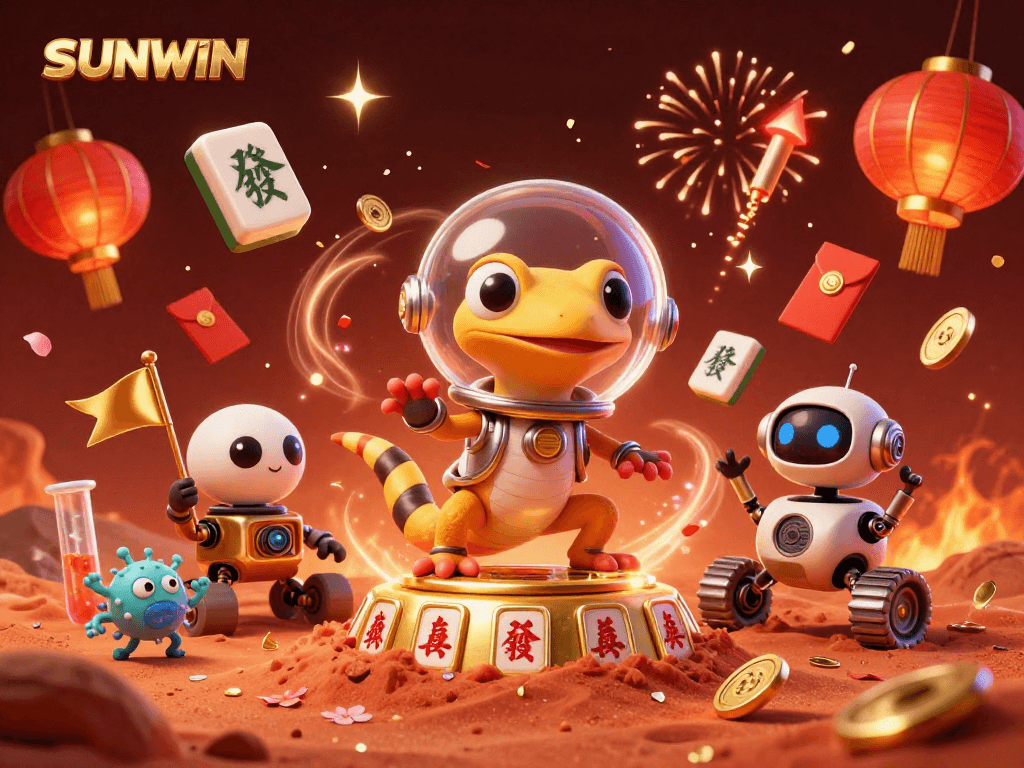 SUNWIN online casino showcases Martian gecko discovering a golden gaming haven filled with action and festive symbols.