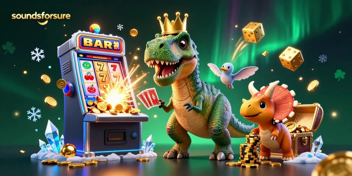 Win big with soundsforsure at a lively casino scene featuring a charming T-Rex and friends.