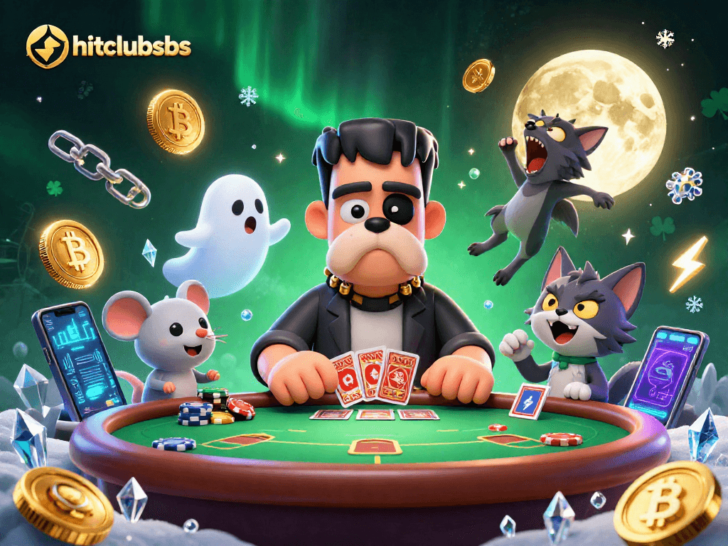 Hitclubsbs showcases a thrilling scene with a Frankenstein bulldog and crypto elements at a poker table.