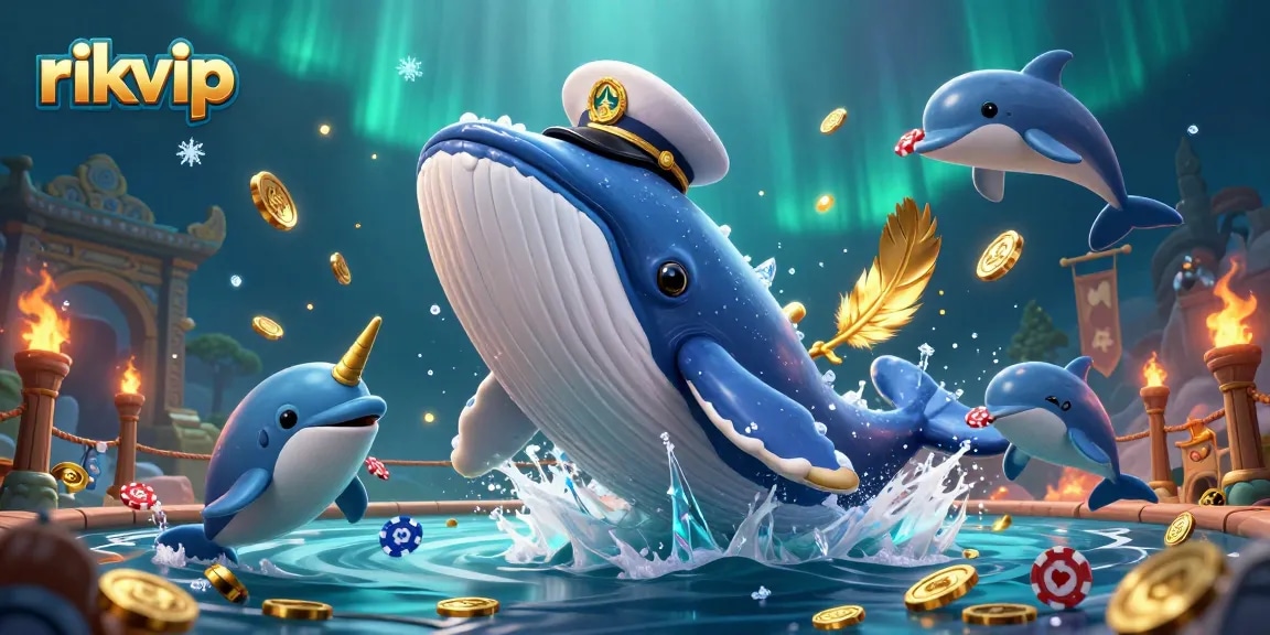 Experience exciting wins at RIKVIP, featuring a vibrant casino illustration with whales and playful dolphins.
