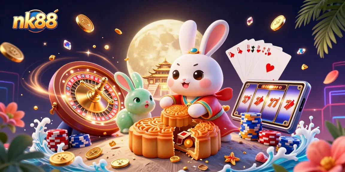 Experience thrilling gameplay at nk88 with a dynamic moon rabbit scene showcasing poker chips and games.