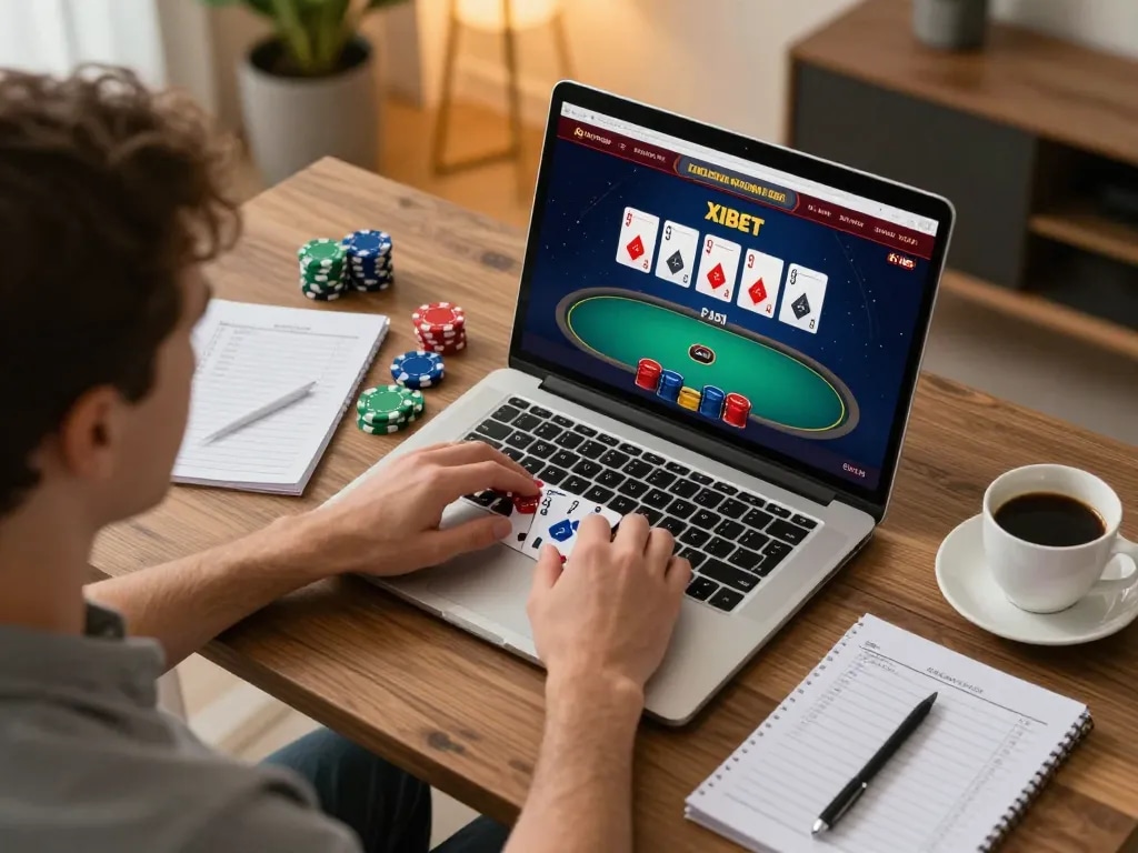 Xibet online poker game session showing a player strategizing with notes and laptop, focused on bankroll management.