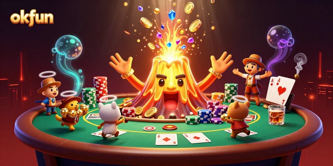 Engage with okfun at a dynamic casino scene featuring coins and treasure amidst lively poker action.