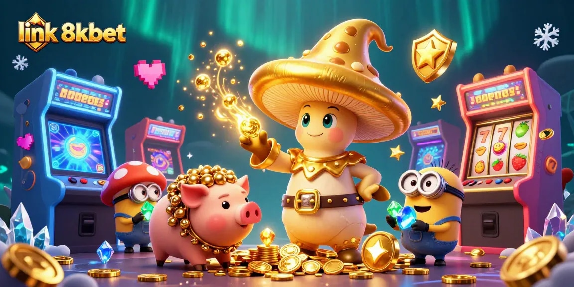 Engage with link 8xbet's exciting slots and magical characters in a vibrant casino illustration.