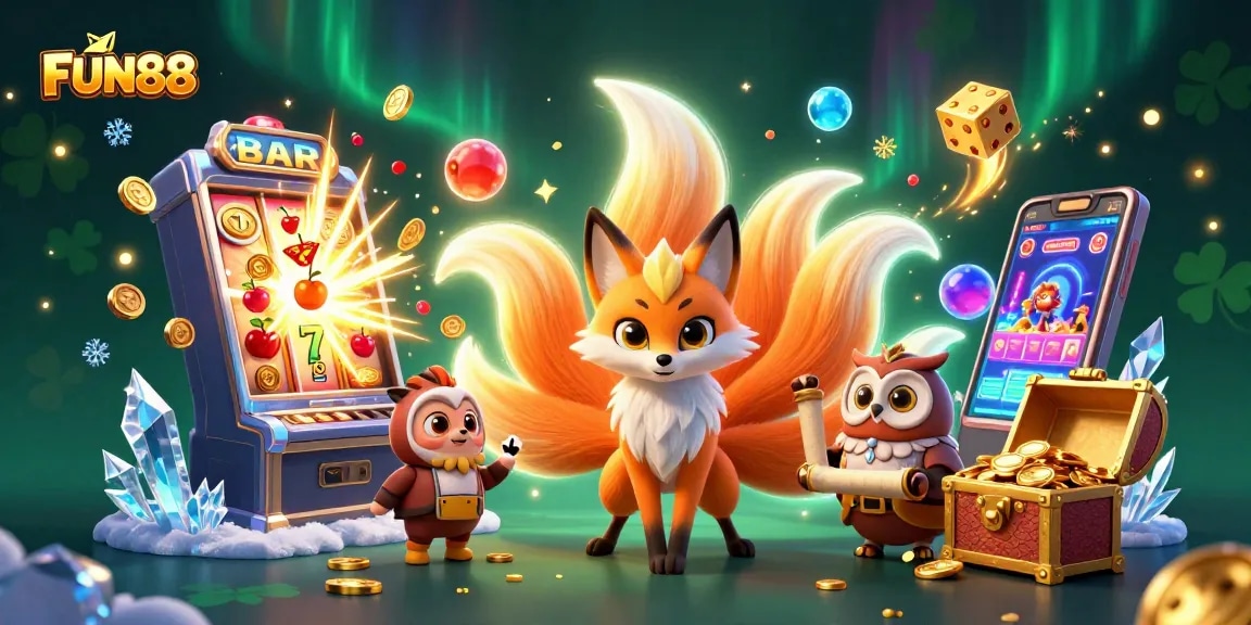 Spin the reels at FUN88's vibrant online casino, featuring a colorful nine-tailed fox and thrilling jackpot bursts.