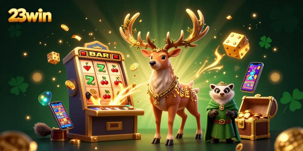 Experience thrilling 23win casino adventures with a vibrant scene of characters and games.