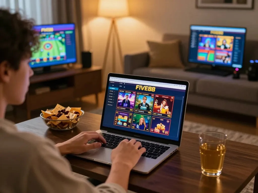 Engaging gaming moment with FIVE88 online casino interface on a person's laptop.