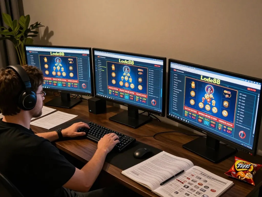 Engaged player at Lode88 online casino using multiple screens and strategy notes for informed decisions