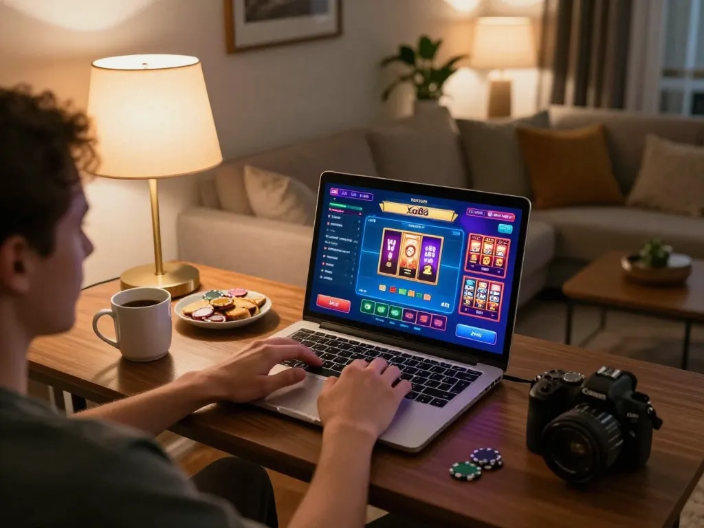 Playing online casino games on link xo88 in a cozy home setup, laptop showing vibrant poker interface and warm lighting
