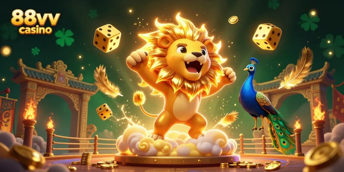 Experience the thrill of 88vv casino with a dynamic illustration of a roaring lion, golden dice, and vibrant casino elements.