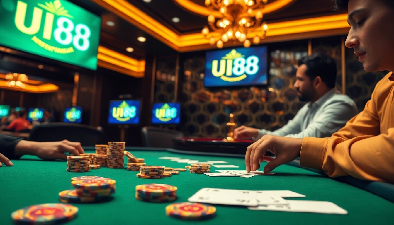 Action-packed poker game at UU88 casino showcasing chips and cards.