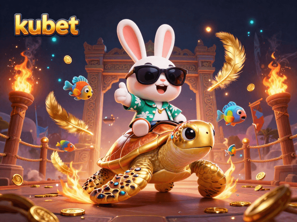 Play thrilling games at kubet with an adorable rabbit and golden sea turtle in vibrant 3D art.