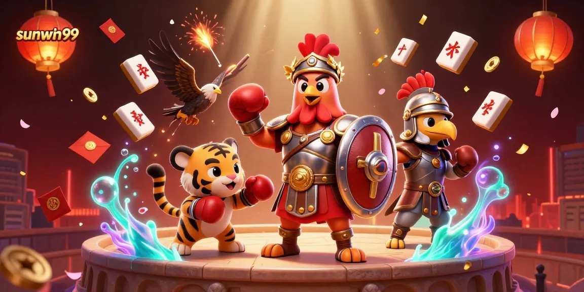sunwin99 showcases exciting gaming moments with a dynamic rooster gladiator in a vibrant 3D scene.