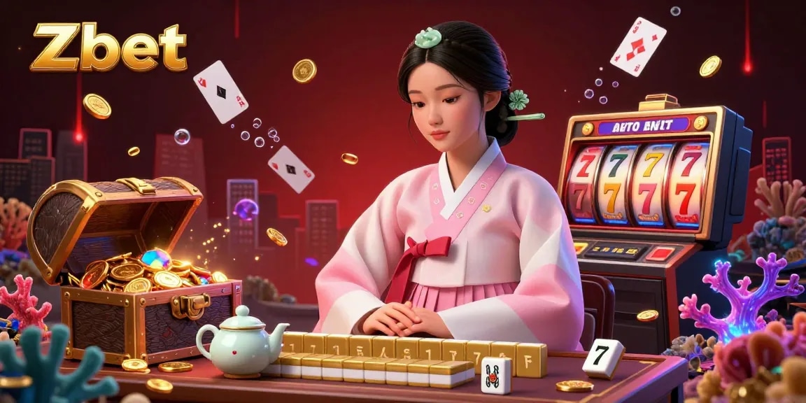 Zbet offers excitement with vibrant casino elements like slot reels and floating playing cards.