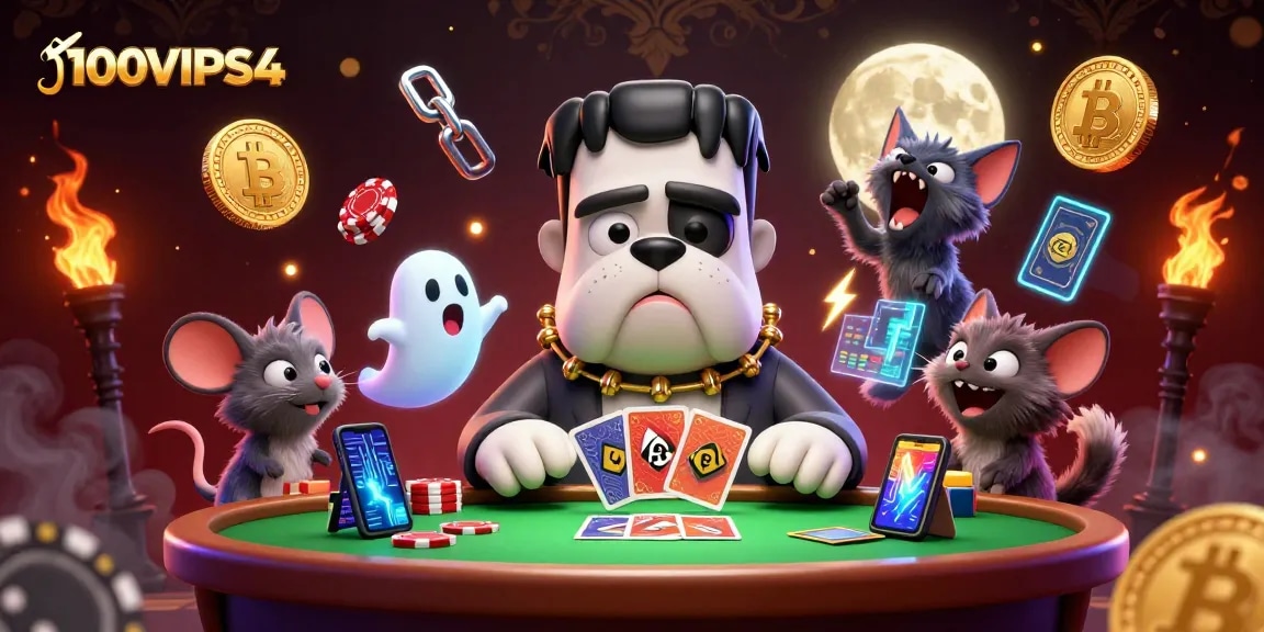 Engage with thrilling card games at 100VIPS4 featuring vibrant characters and crypto coins.