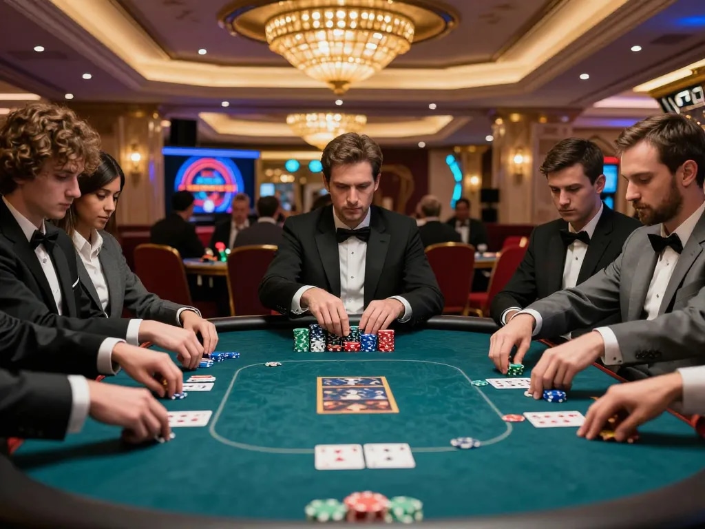Players engaged in intense poker strategy at the DA88 casino, showcasing high stakes gameplay and luxury.