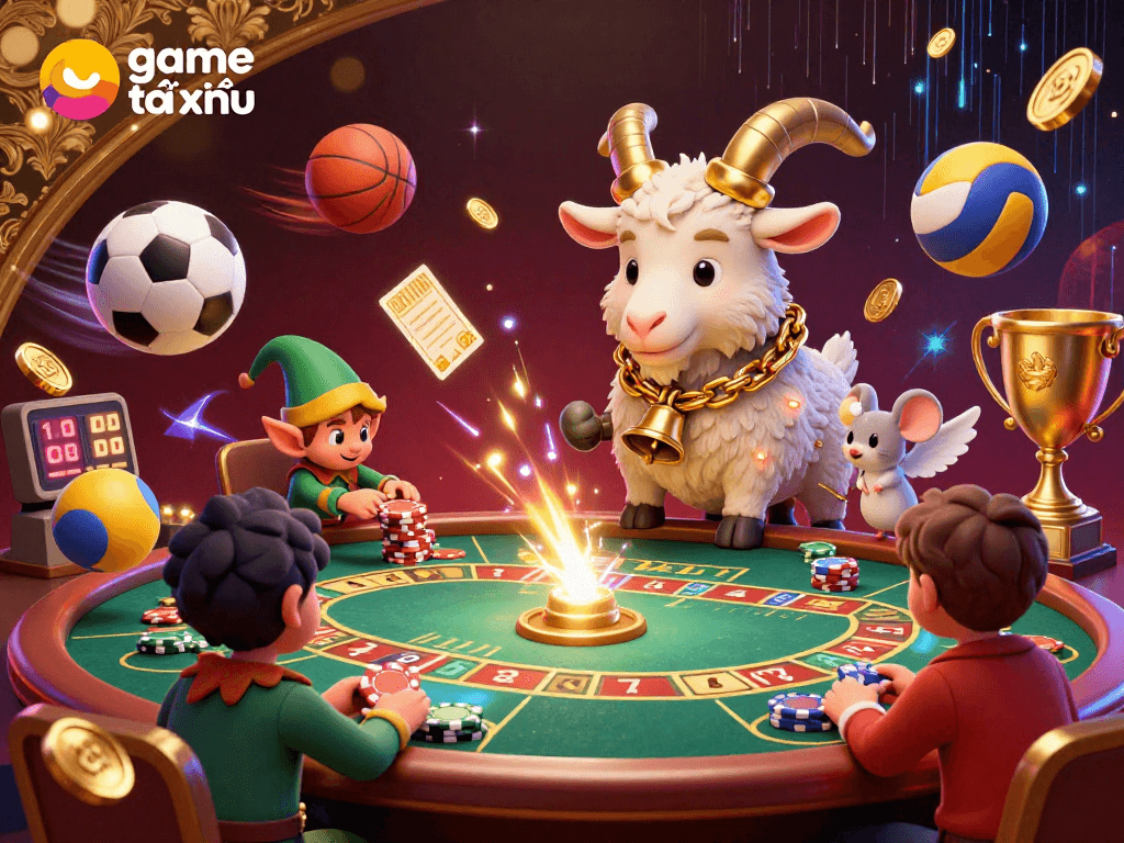 Experience game tài xỉu excitement in a dynamic festive casino scene with playful characters and vibrant elements.