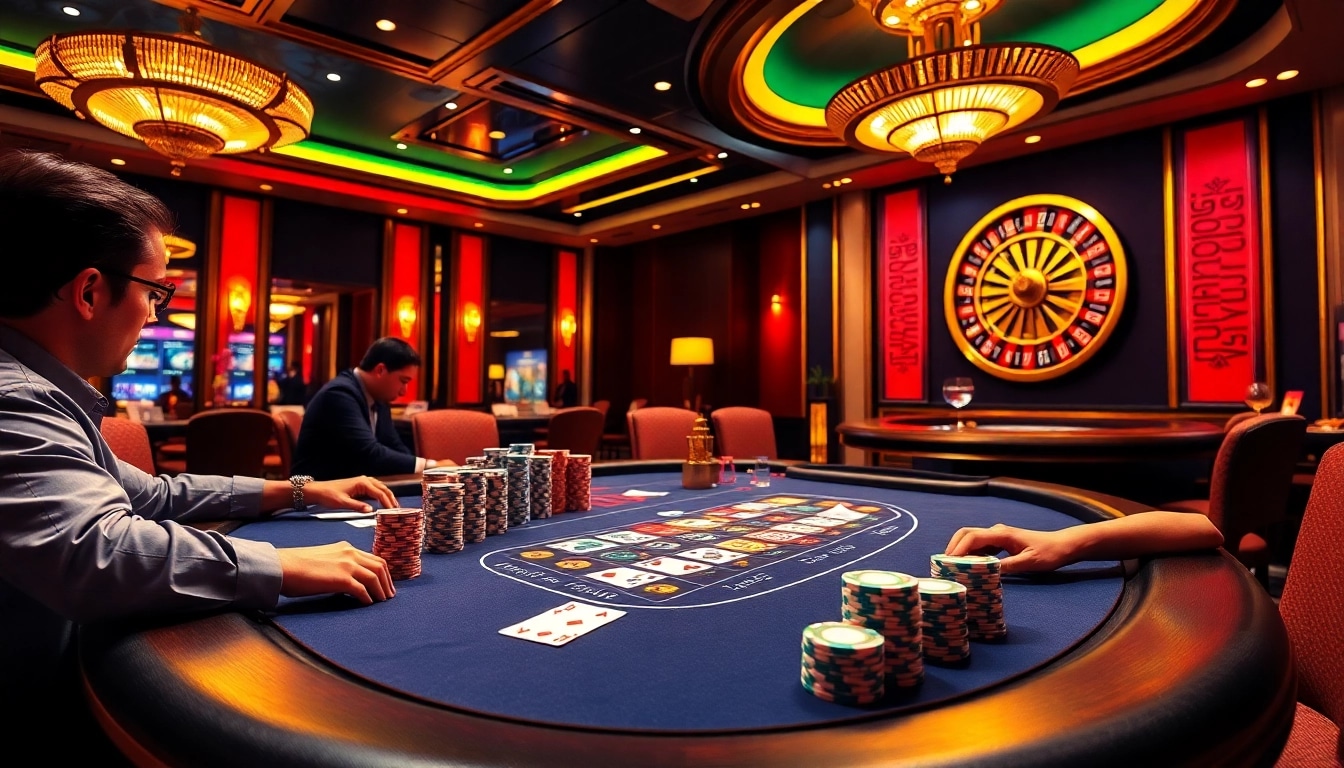 Engaged players at a poker table in a luxurious setting, representing Nhà cái uy tín for premium gambling experiences.