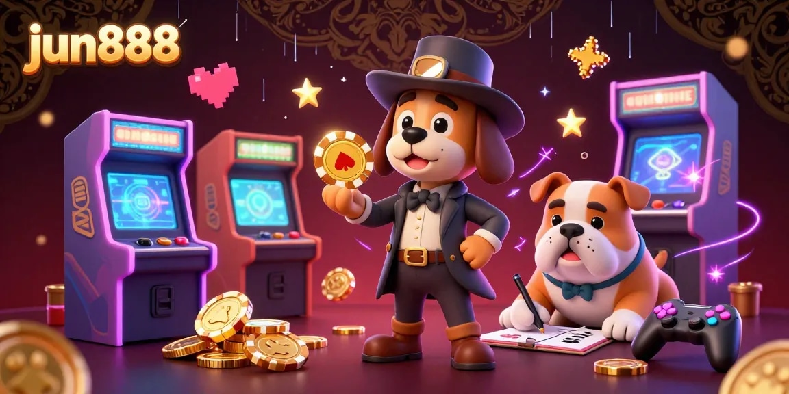 Engage with the adventure of jun888 in this vibrant casino scene filled with neon lights and animated characters.