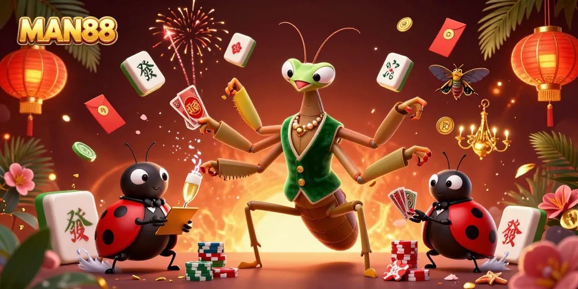 Engage with MAN88's vibrant casino scene featuring a lively mantis dealer, cards, and golden lanterns.