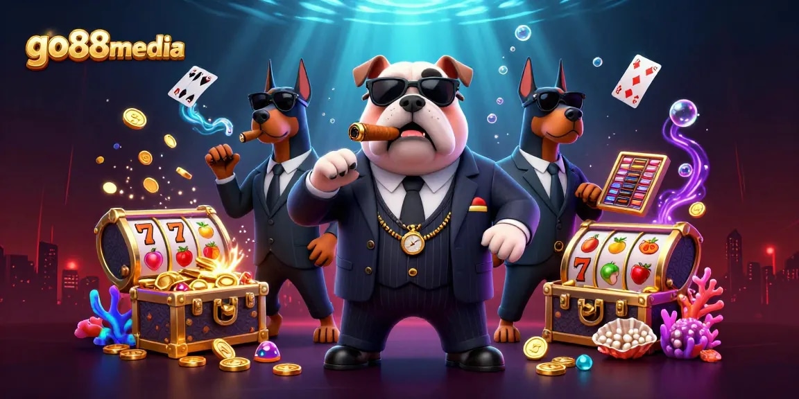 Engage with go88media in a vibrant casino scene featuring a mafia bulldog and treasure-filled underwater elements.