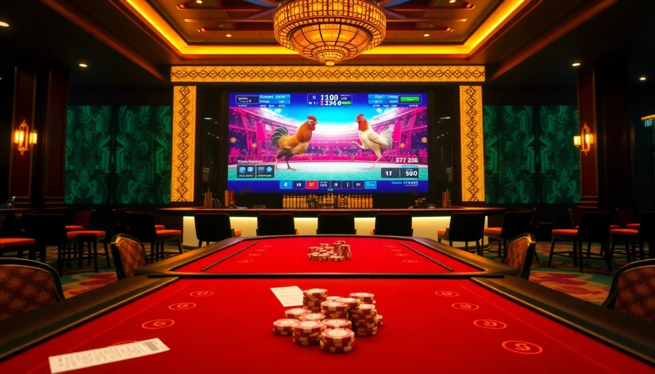 Engaging scene showing đá gà sv388 action with vibrant casino tables and live match streaming.