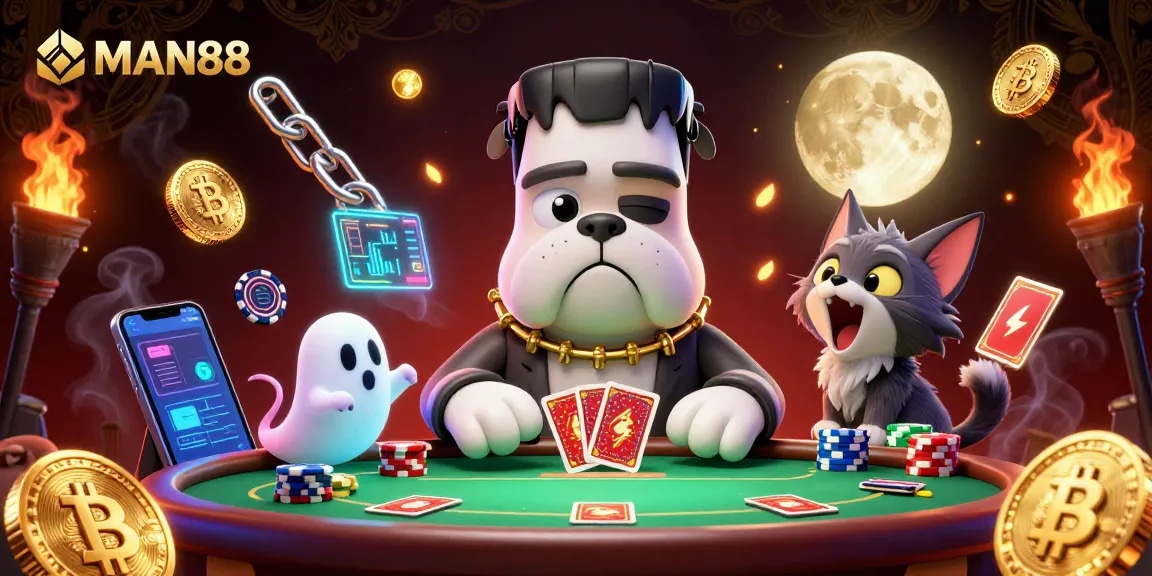 MAN88 poker scene with a Frankenstein bulldog dealer and crypto elements, highlighting online gambling excitement