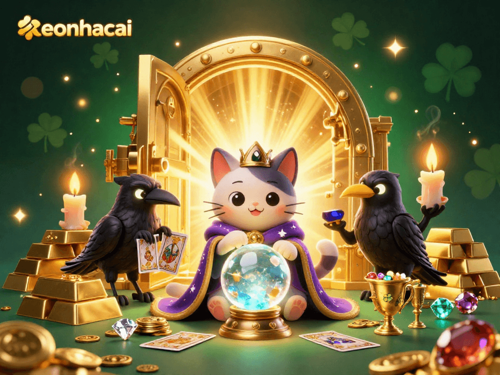 Engage with keonhacai's vibrant 3D illustration of fortune teller cat and raven amidst casino treasures.