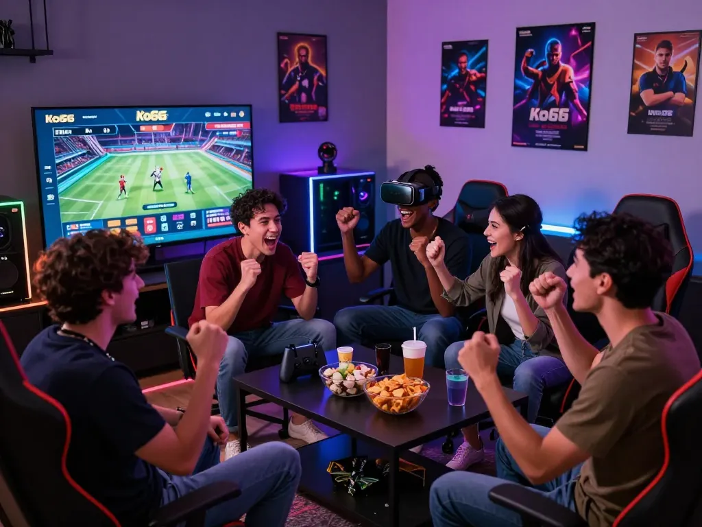 Diverse friends enjoying Ko66 online betting platform in a vibrant living room filled with gaming gear and exciting sports memorabilia.