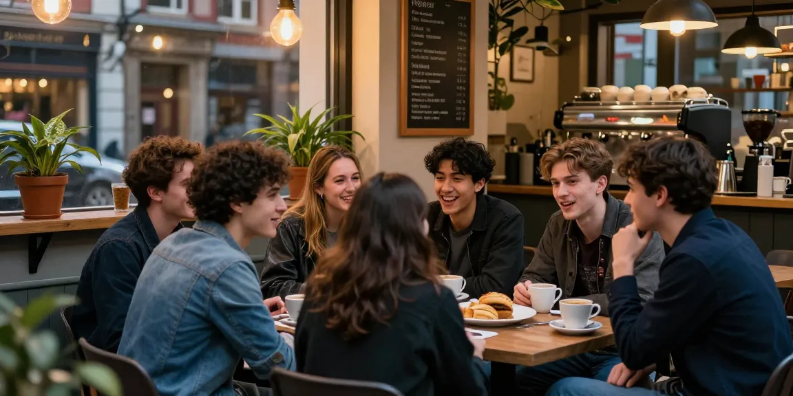 Youthful group enjoying coffee while sharing stories about crush on friends in a cozy café setting.