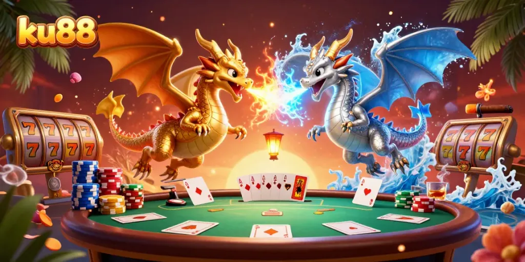 Experience thrilling gaming action at ku88 with vibrant dragons and poker elements.