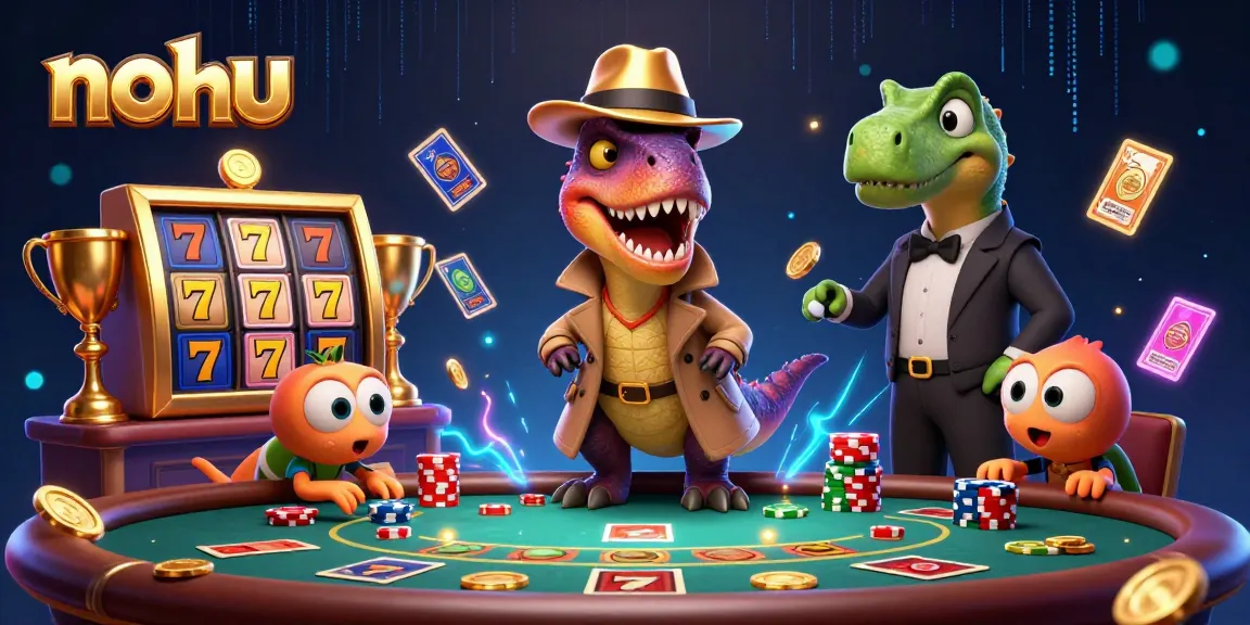 Nohu velociraptor card counter sneaks chips at a blackjack table in this vibrant casino scene.