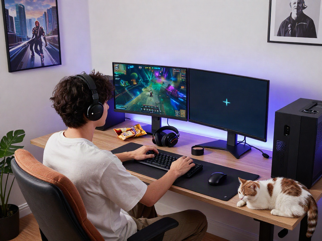 Young adult gaming setup with rokok88 merchandise, modern urban vibe.
