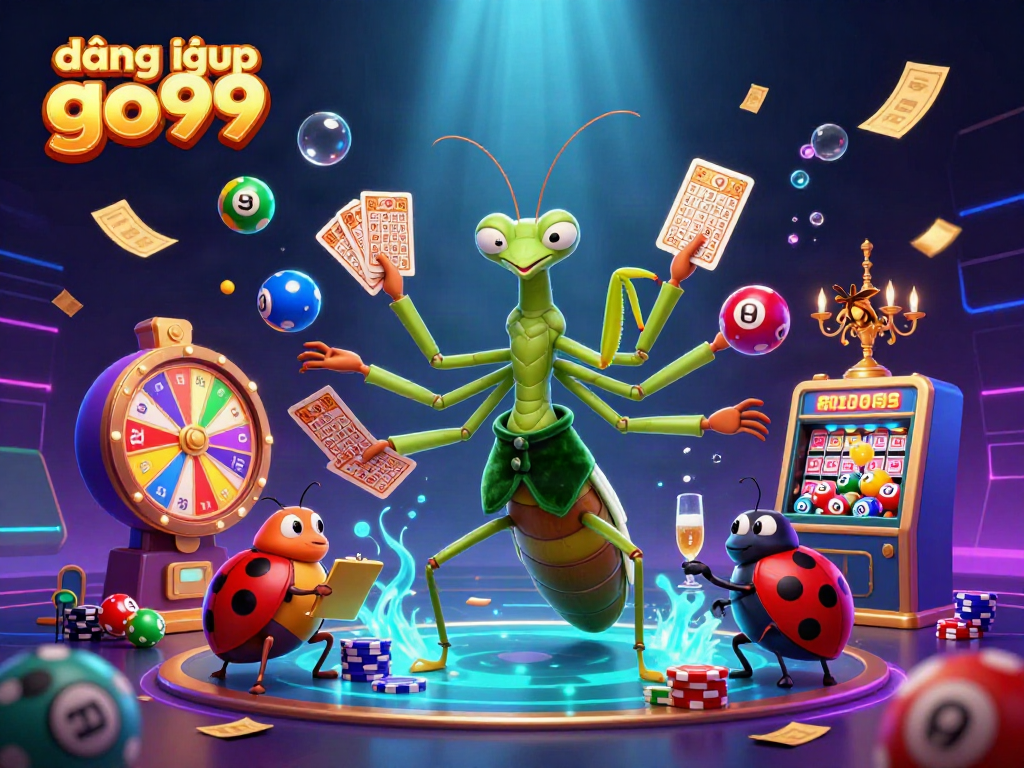 Engaging scene depicting đăng nhập go99 with a giant praying mantis card sharp and vibrant gambling elements