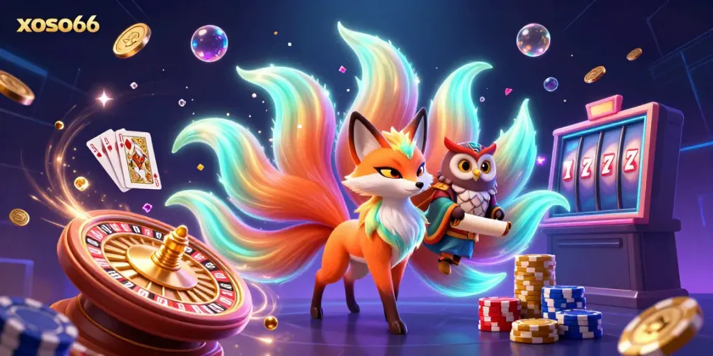 The nine-tailed fox spirit and an owl bring luck and games with glowing visuals at xoso66's vibrant casino.