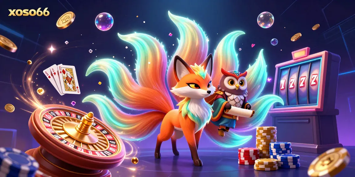 The nine-tailed fox spirit and an owl bring luck and games with glowing visuals at xoso66's vibrant casino.