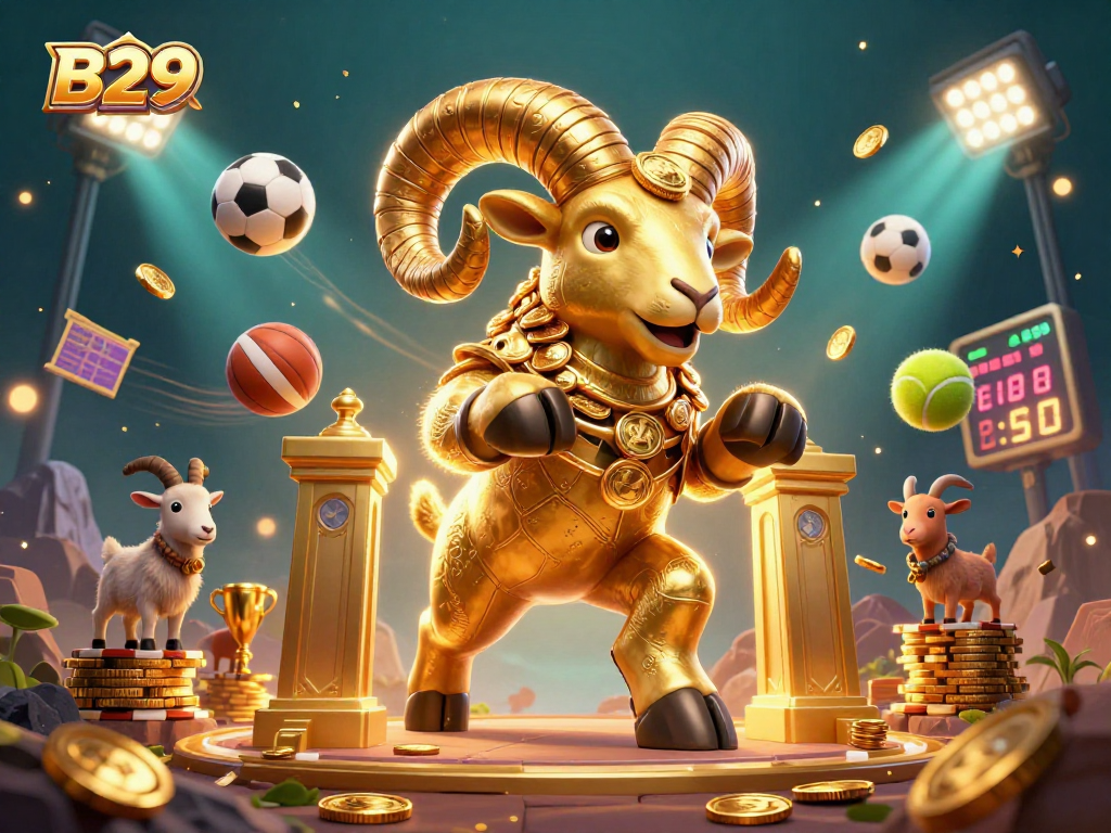 B29 players celebrate wins surrounded by golden coins and sports elements in this dynamic digital 3D illustration.