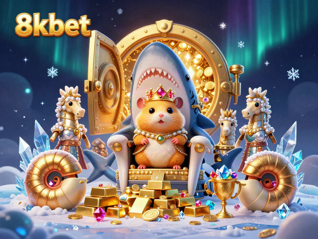Engage with 8kbet's vibrant casino adventure featuring a golden hamster king on a megalodon throne among treasure.