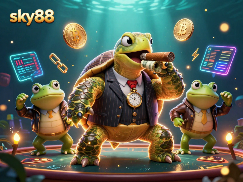 Join the excitement at sky88, featuring a snapping turtle mobster and bullfrog enforcers amidst vibrant casino elements.