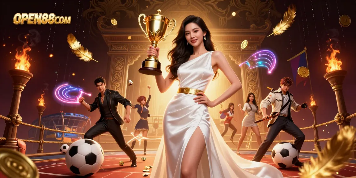 Engage with OPEN88COM's electrifying sports betting atmosphere featuring a victorious Asian woman and dynamic elements.