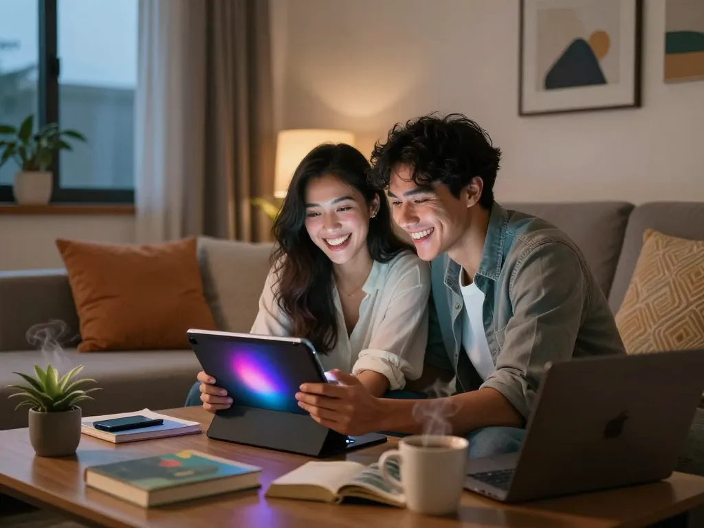 Couple chatting with their girlfriend AI in a cozy living room, reflecting connection and warmth.