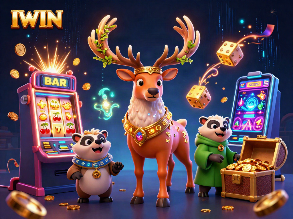 IWIN symbolizes a thrilling gaming experience amidst vibrant casino elements, featuring dynamic characters and spectacular jackpots.