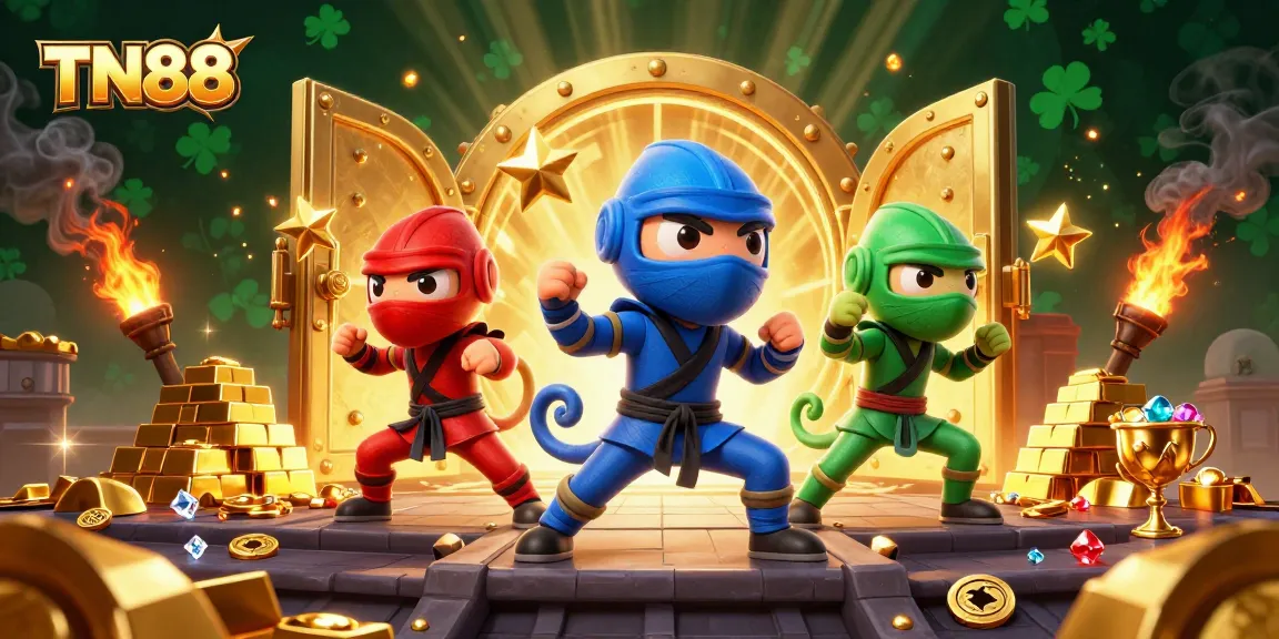Experience thrilling gameplay with TN88, featuring ninja chameleons and treasure elements in an exciting casino scene.